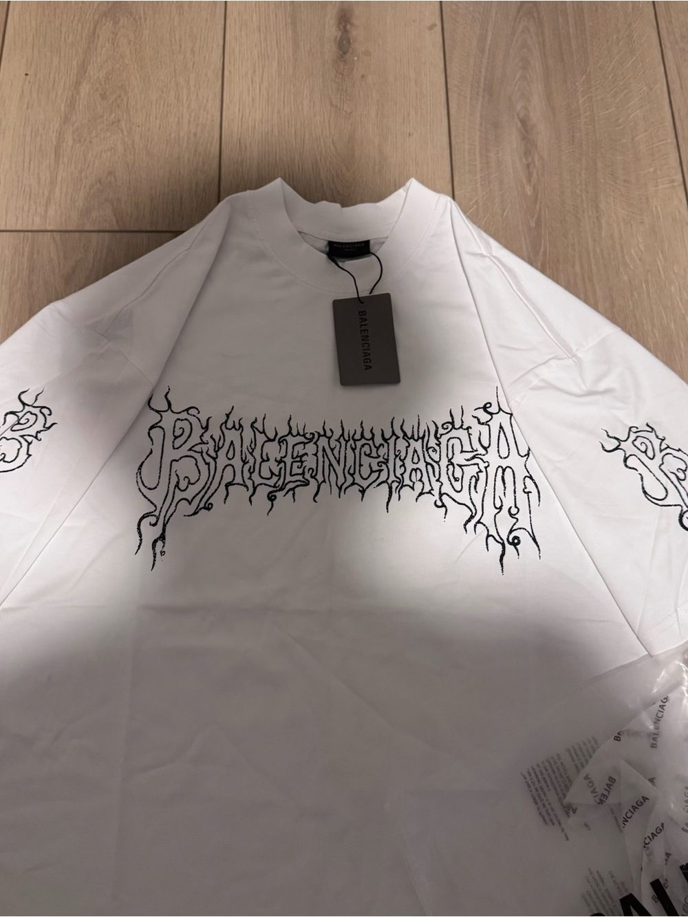 Balenciaga White Short-Sleeve Tee with Black Flame Logo